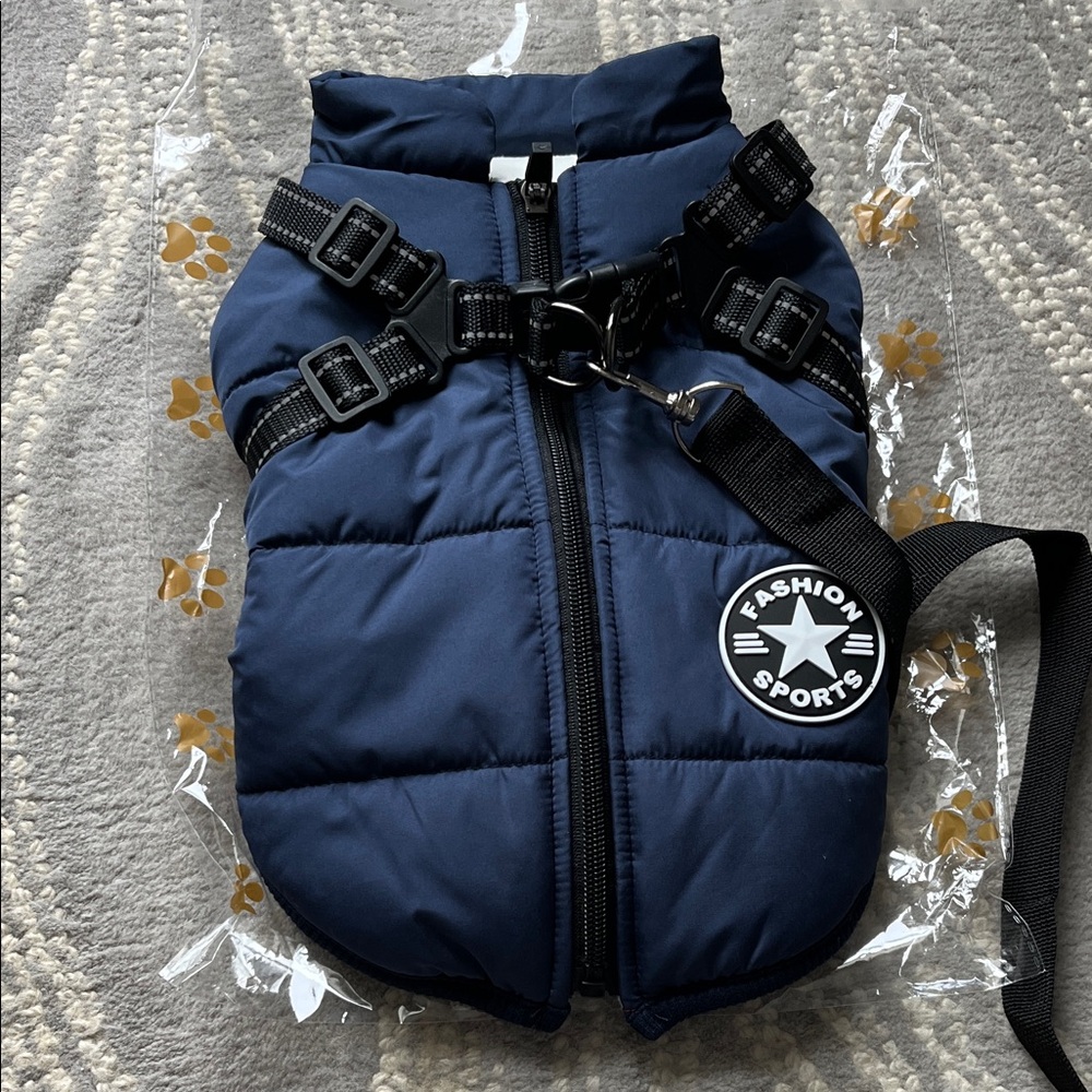 Navy Blue Pet Puffer Vest with Harness and Leash